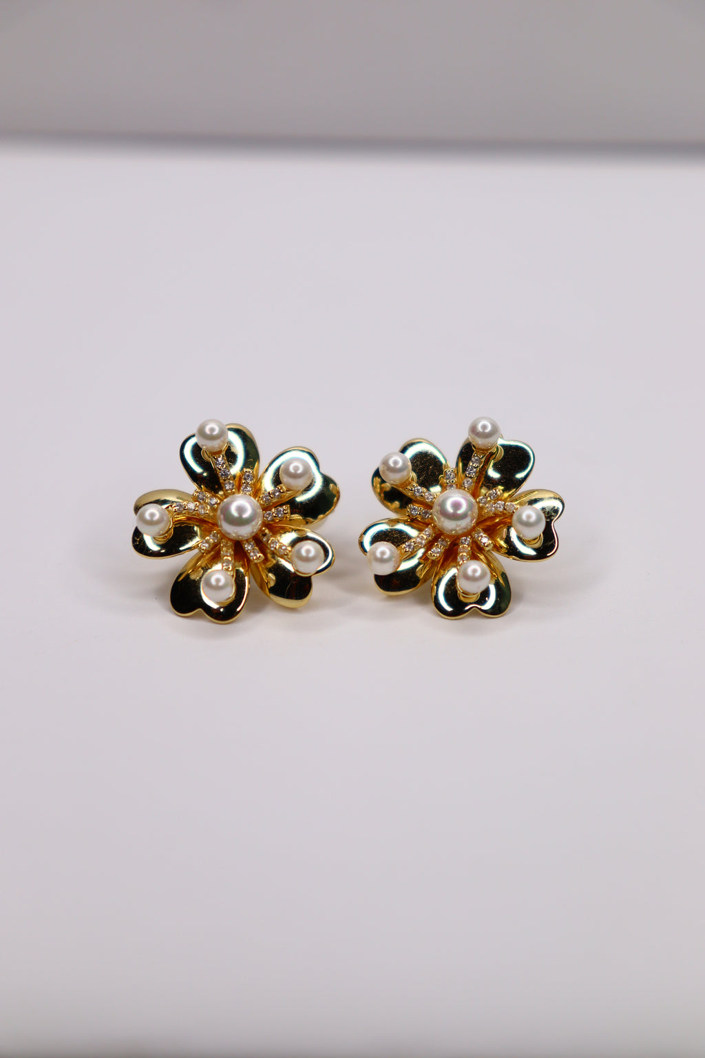 Gold Plated 925 Sterling Silver Pearl Flower Stud Earrings