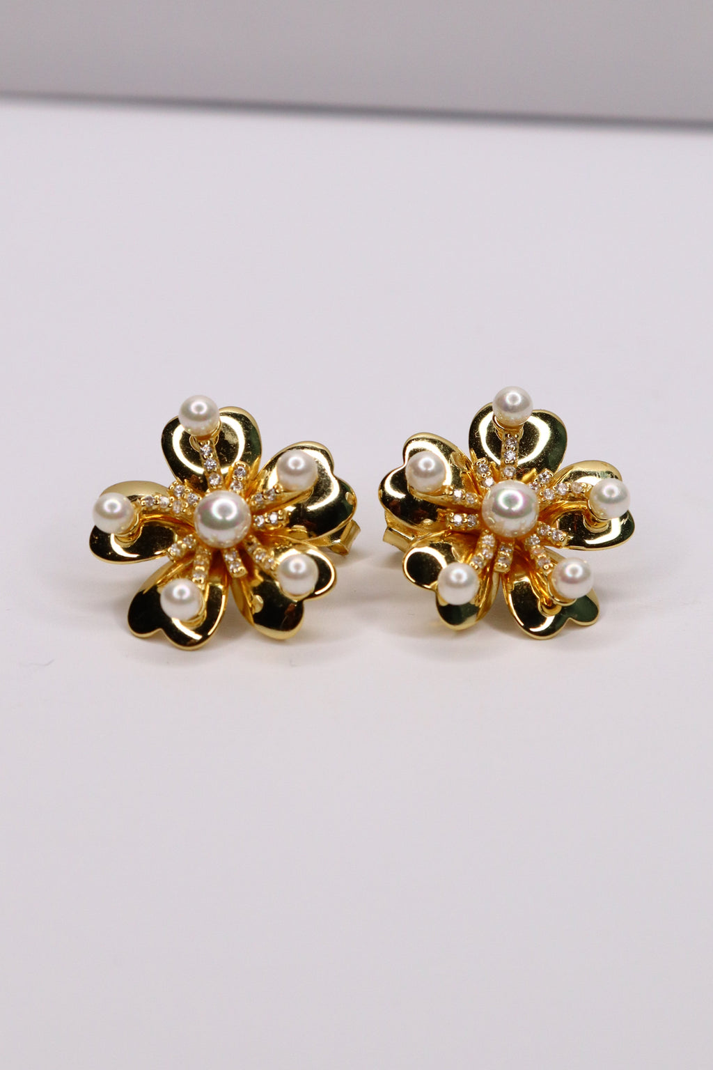 Gold Plated 925 Sterling Silver Pearl Flower Stud Earrings