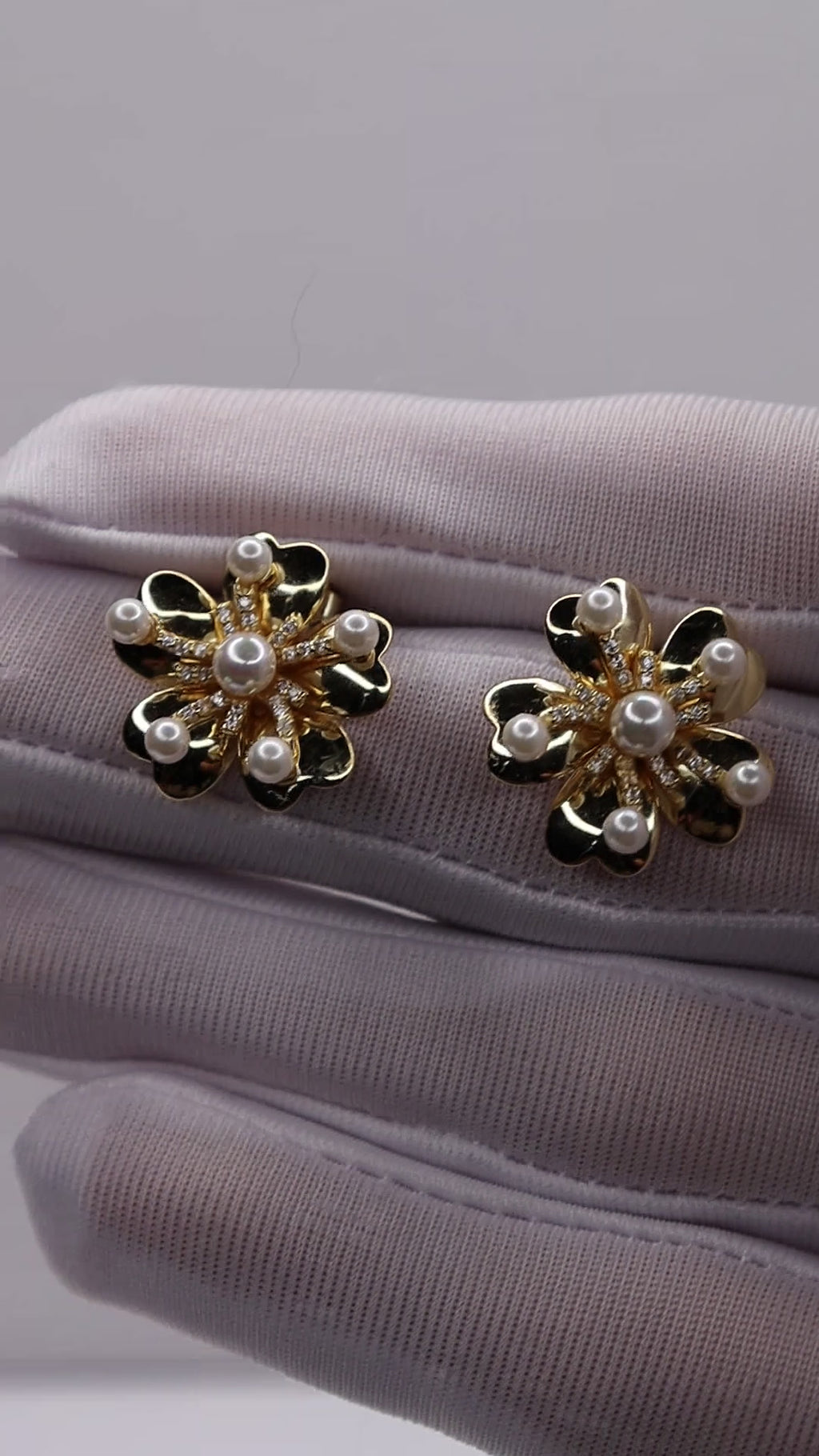 Gold Plated 925 Sterling Silver Pearl Flower Stud Earrings